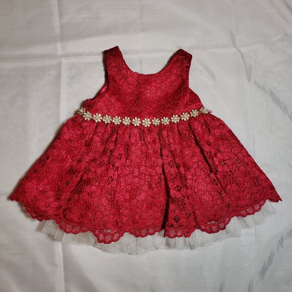 American Princess Embellish Party Dress Baby Girl 3 Mo Red Lace Textured Formal - Picture 1 of 9